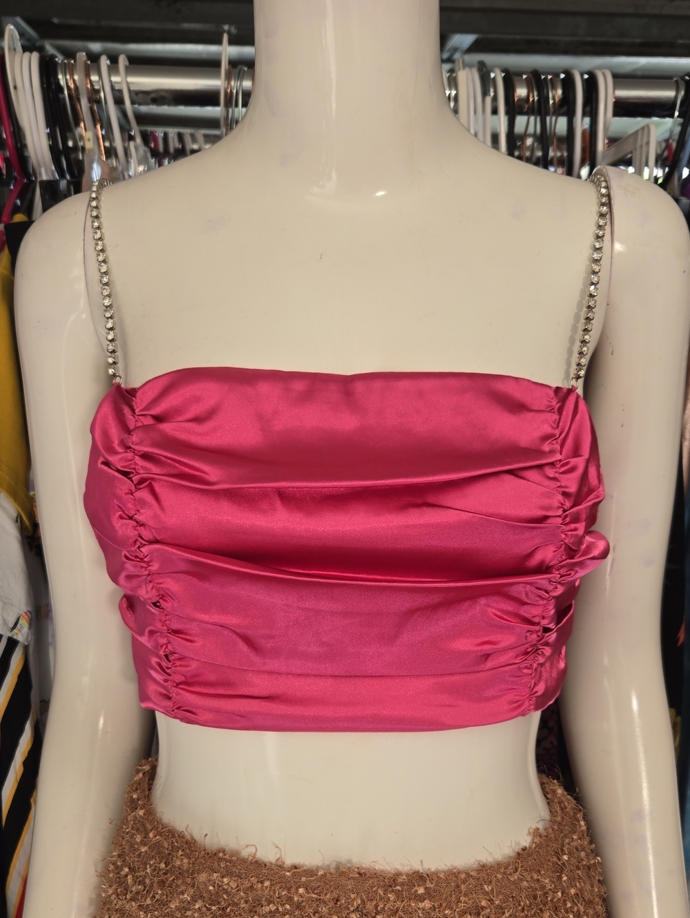 Rhinestone-Strap Hot Pink Satin Ruched Crop Top